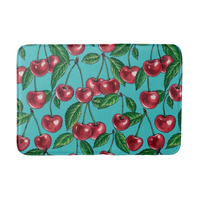 Red cherries on turquoise bath mat (Front)