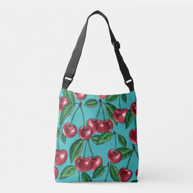 Red cherries on turquoise crossbody bag (Front)
