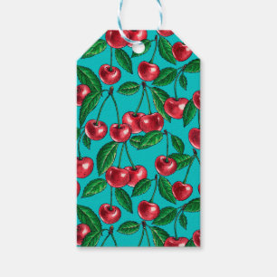 Red cherries on turquoise gift tags