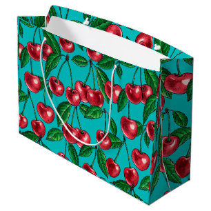 Red cherries on turquoise large gift bag