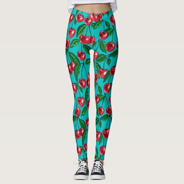 Red cherries on turquoise leggings (Front)