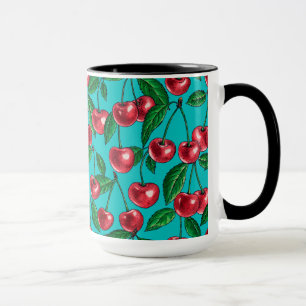 Red cherries on turquoise mug