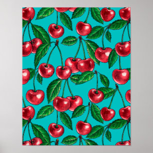 Red cherries on turquoise poster