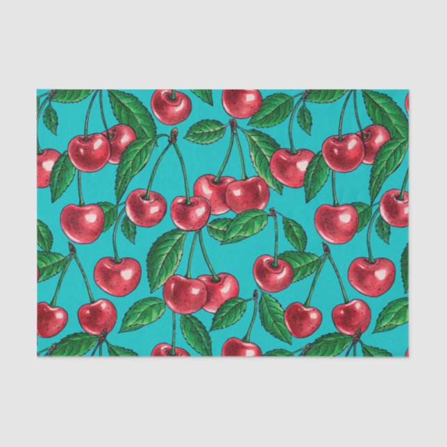 Red cherries on turquoise tissue paper (Front)