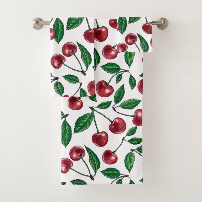 Red cherries on white bath towel set (Insitu)