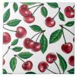 Red cherries on white ceramic tile<br><div class="desc">Hand painted cherry fruit,  watercolor and ink pattern</div>