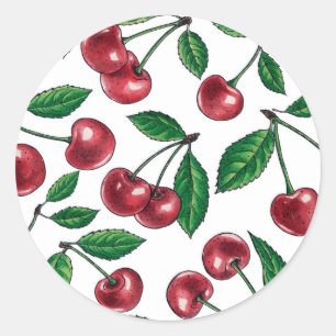 Red cherries on white classic round sticker