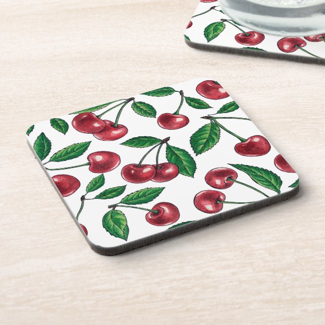 Red cherries on white coaster (Left Side)