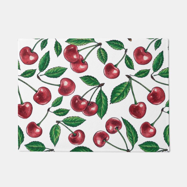 Red cherries on white doormat (Front)