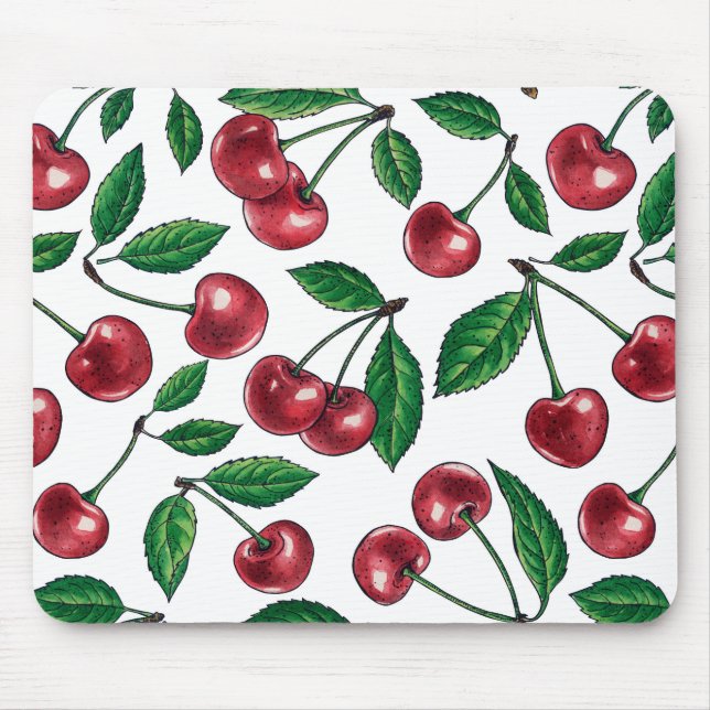 Red cherries on white mouse pad (Front)