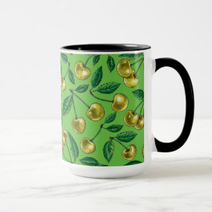 Red cherries on white mug