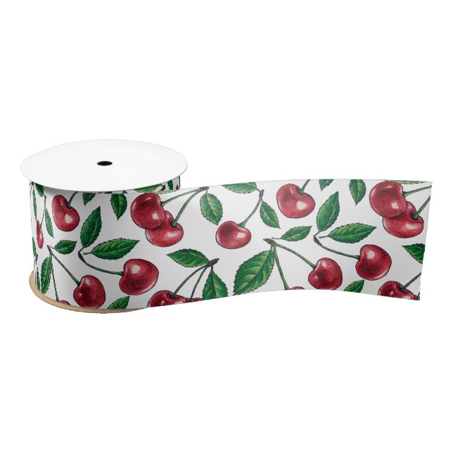 Red cherries on white satin ribbon (Spool)
