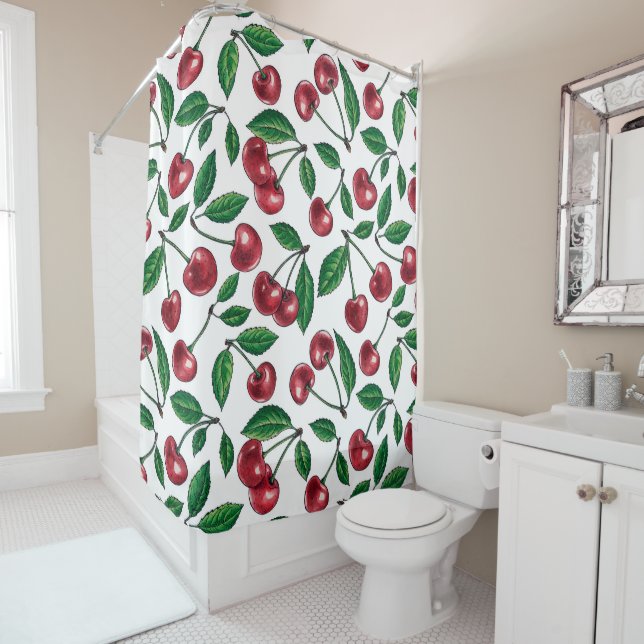 Red cherries on white shower curtain (In Situ)