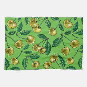 Red cherries on white tea towel