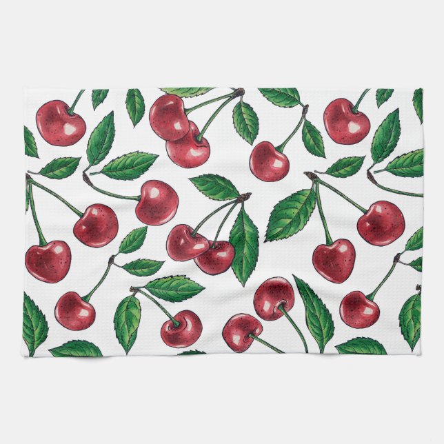 Red cherries on white tea towel (Horizontal)