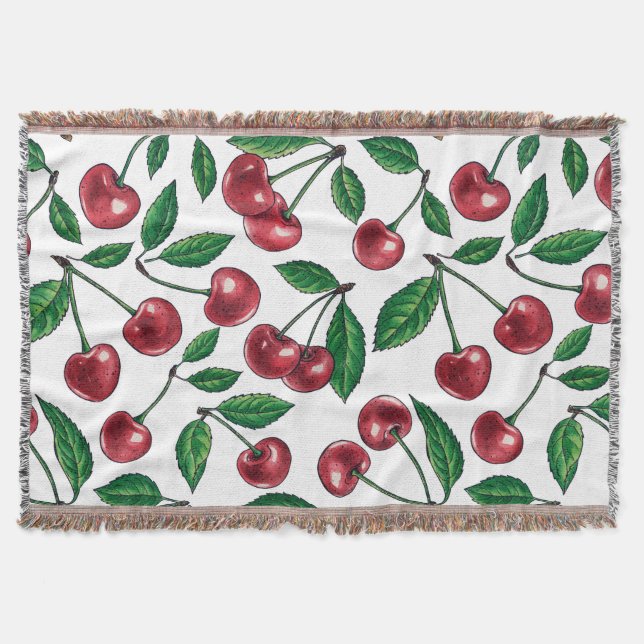 Red cherries on white throw blanket (Front)