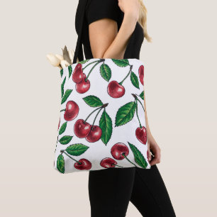 Red cherries on white tote bag