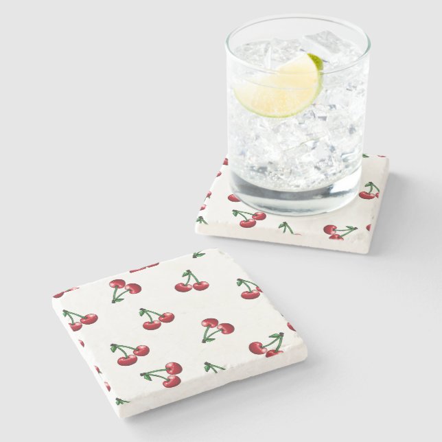 Red Cherries Pattern Design Stone Coaster (Side)