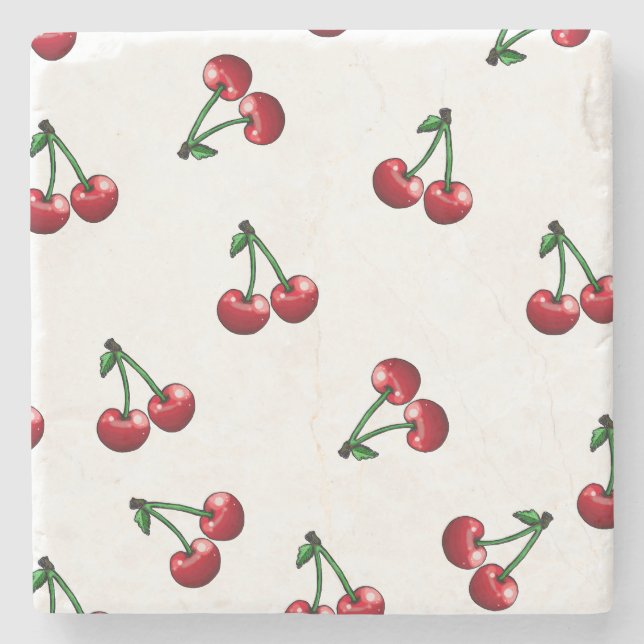 Red Cherries Pattern Design Stone Coaster (Front)