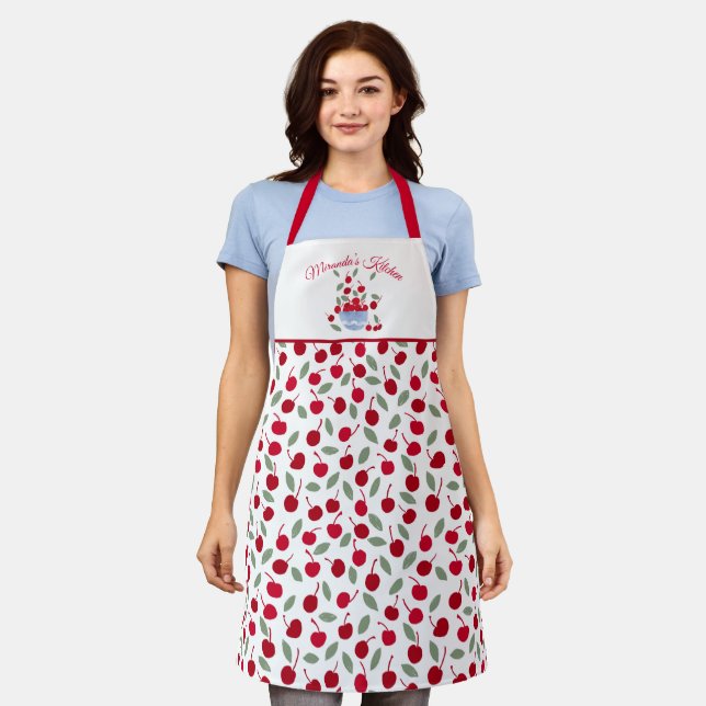 Red Cherries Pattern Kitchen Apron (Worn)