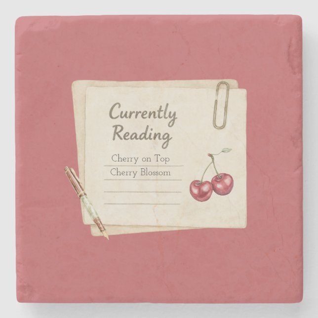 Red Cherries Pen Books List  Stone Coaster (Front)