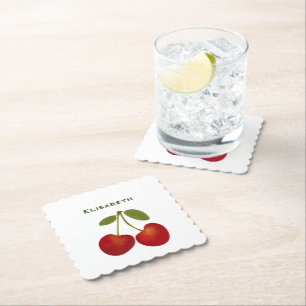 Red Cherries Personalise Custom Name Birthday  Paper Coaster