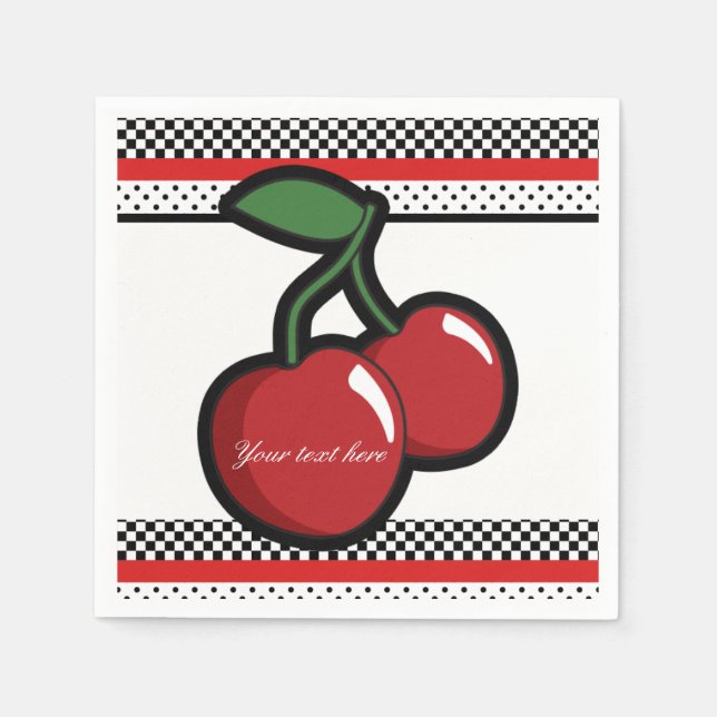 Red Cherries Retro Black & Red Custom Party Napkin (Front)
