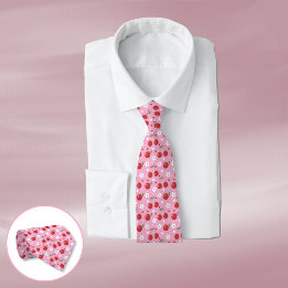 Red Cherries  White Flower Pattern Pink Neck Tie