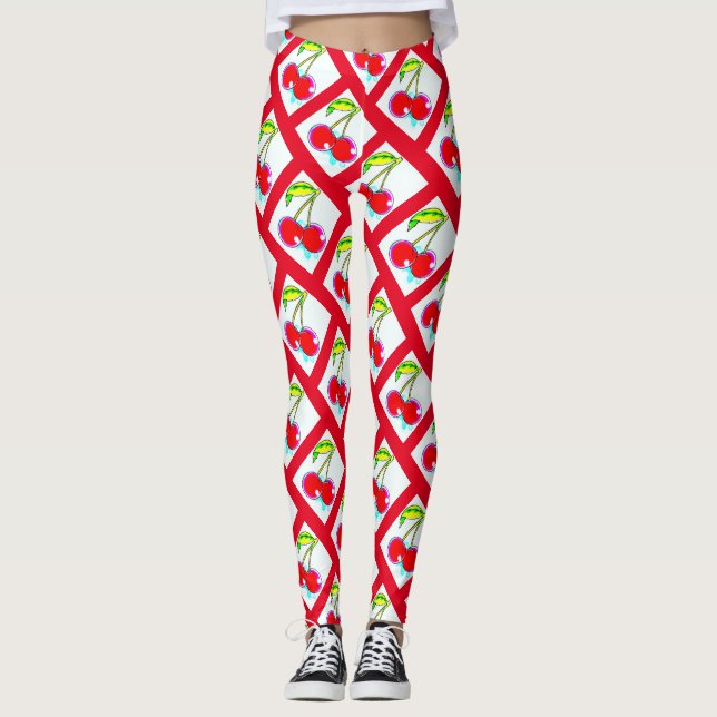 Red cherries white Thunder_Cove Leggings (Front)
