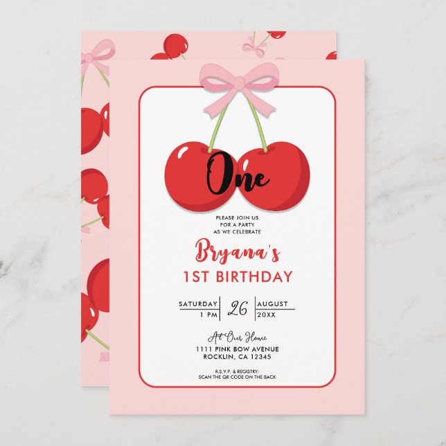 Red Cherries with Pink Bow Coquette 1st Birthday  Invitation (Front/Back)