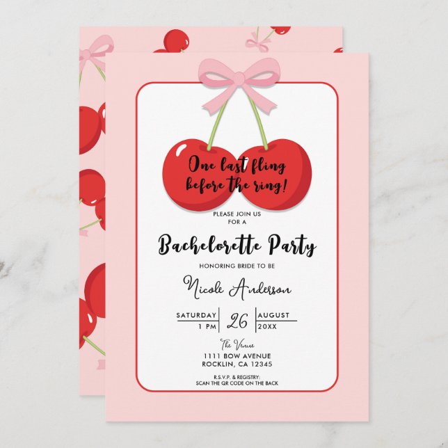 Red Cherries with Pink Bow Coquette Bachelorette  Invitation (Front/Back)