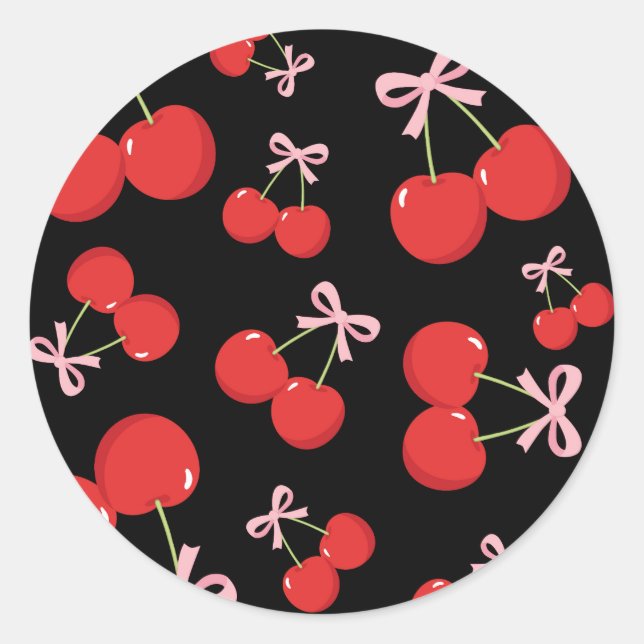 Red Cherries with Pink Bow Coquette Birthday Party Classic Round Sticker (Front)