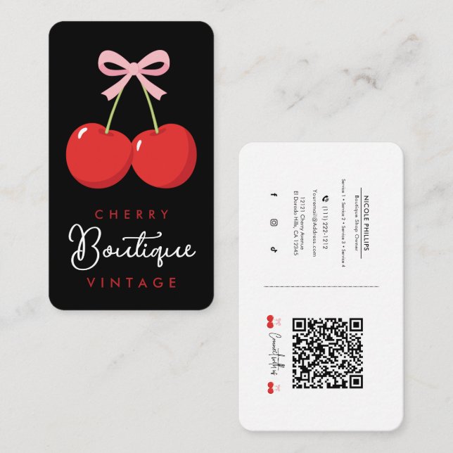 Red Cherries with Pink Bow Coquette Boutique  Business Card (Front/Back)
