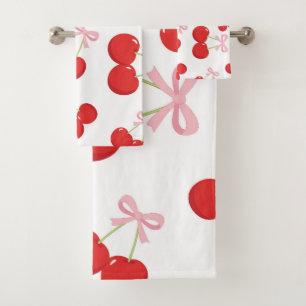 Red Cherries with Pink Bow Coquette Cottage Chic Bath Towel Set