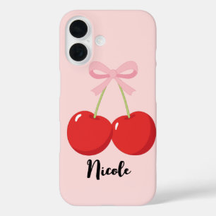 Red Cherries with Pink Bow Coquette Cottage Chic iPhone 16 Case