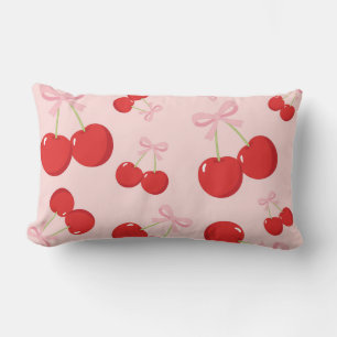 Red Cherries with Pink Bow Coquette Cottage Chic Lumbar Cushion