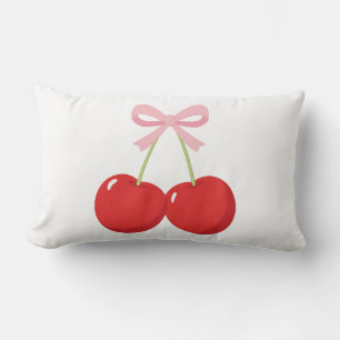 Red Cherries with Pink Bow Coquette Cottage Chic Lumbar Cushion