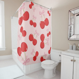 Red Cherries with Pink Bow Coquette Cottage Chic Shower Curtain