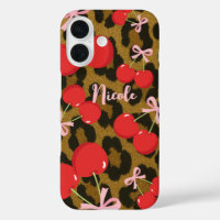 Red Cherries with Pink Bow Coquette Leopard Print
