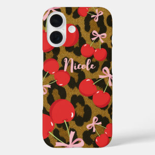 Red Cherries with Pink Bow Coquette Leopard Print iPhone 16 Case