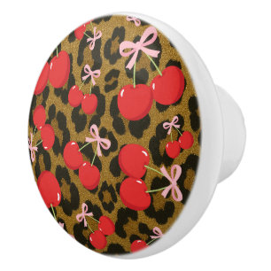 Red Cherries with Pink Bow Coquette Leopard Print Ceramic Knob