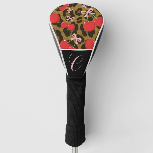 Red Cherries with Pink Bow Coquette Leopard Print Golf Head Cover (Front)