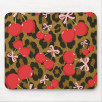 Red Cherries with Pink Bow Coquette Leopard Print