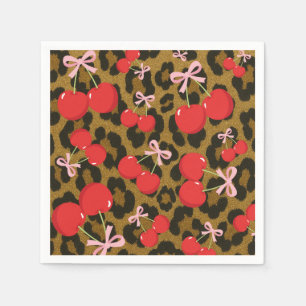 Red Cherries with Pink Bow Coquette Leopard Print Napkin
