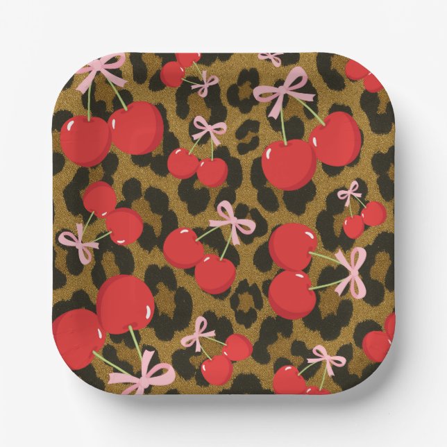 Red Cherries with Pink Bow Coquette Leopard Print Paper Plate (Front)