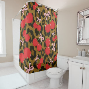 Red Cherries with Pink Bow Coquette Leopard Print Shower Curtain