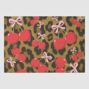 Red Cherries with Pink Bow Coquette Leopard Print Tissue Paper