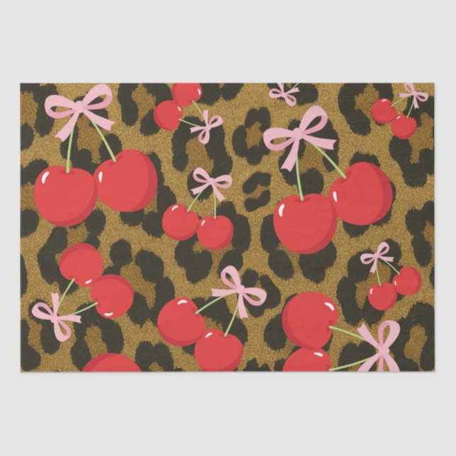 Red Cherries with Pink Bow Coquette Leopard Print Tissue Paper (Front)
