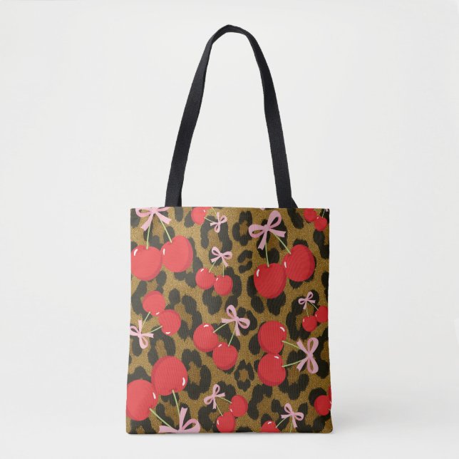 Red Cherries with Pink Bow Coquette Leopard Print Tote Bag (Front)