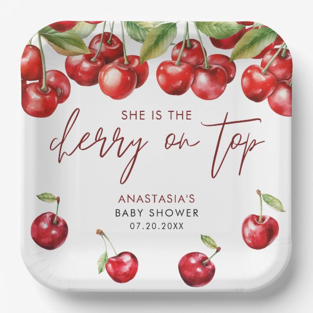 Red Cherry Baby Shower Paper Plate (Front)